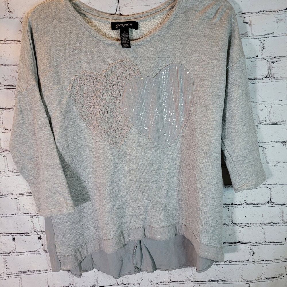 Grayson Mixed Media Top Women Large Gray Excellent Heart Lace Sequin Button Back